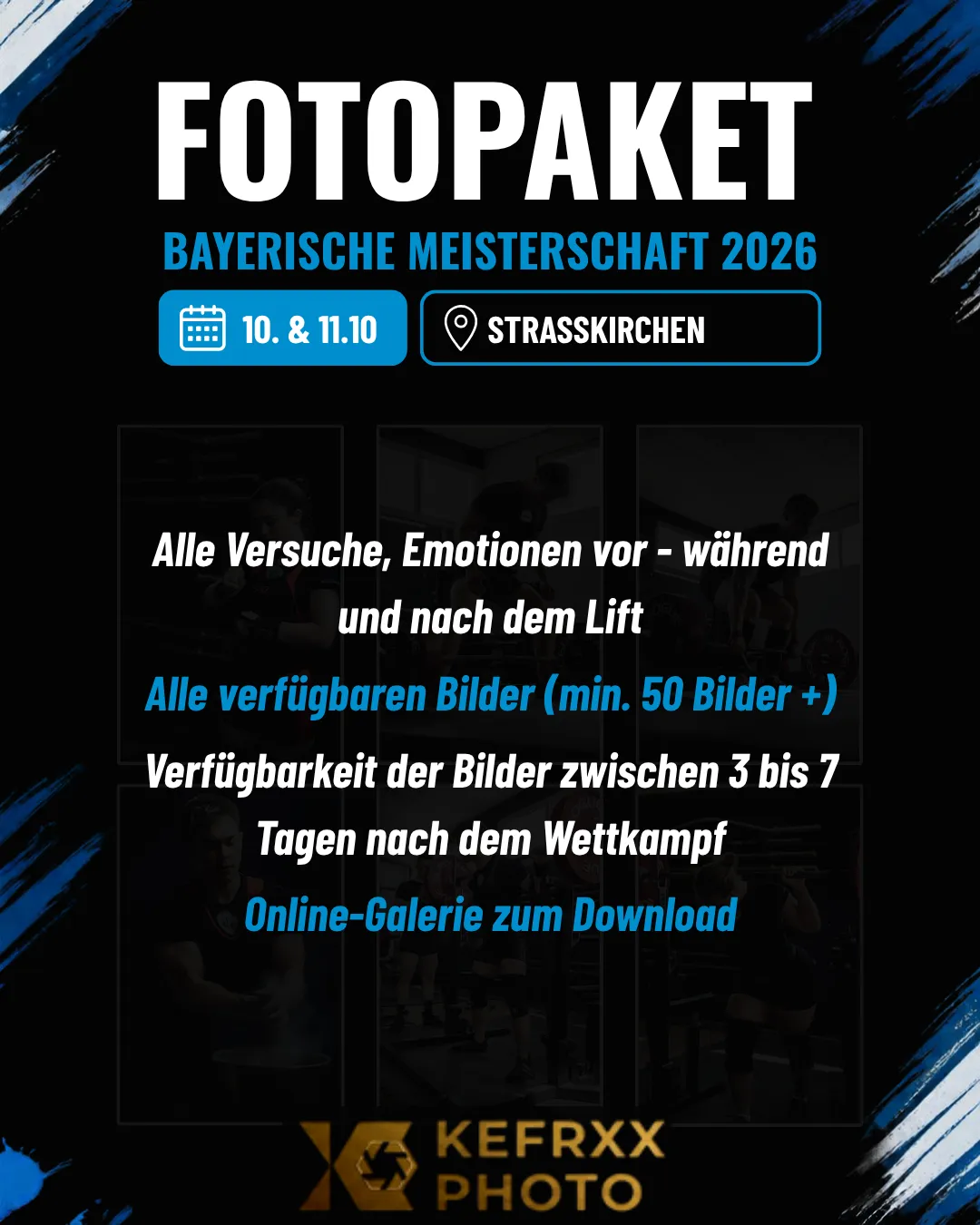 Leistungen des Fotopakets: alle Versuche und Emotionen vor, während und nach dem Lift, alle verfügbaren Bilder (mindestens 50), verfügbar 3 bis 7 Tage nach dem Wettkampf, Online-Galerie zum Download