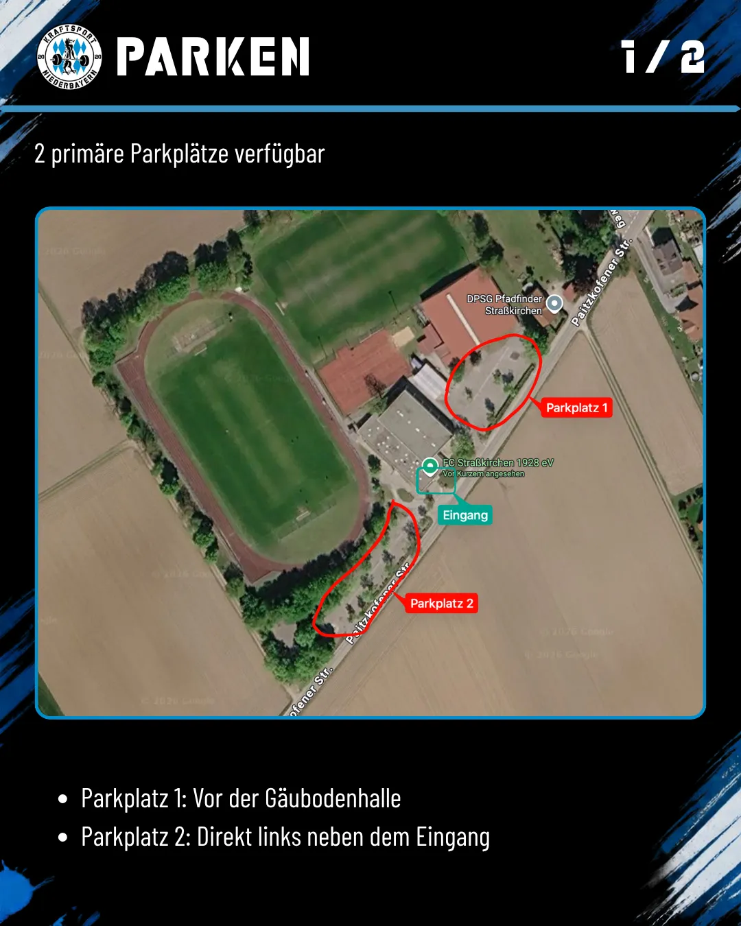 Luftbild mit Parkplatz 1 vor der Gäubodenhalle, Parkplatz 2 links neben dem Eingang an der Paitzkofener Str.