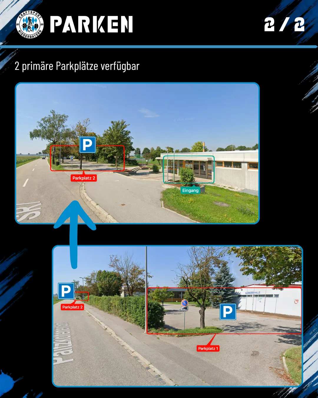 Straßenansicht der Paitzkofener Str. mit Parkplatz 1 vor der Gäubodenhalle und Parkplatz 2 neben dem Eingang